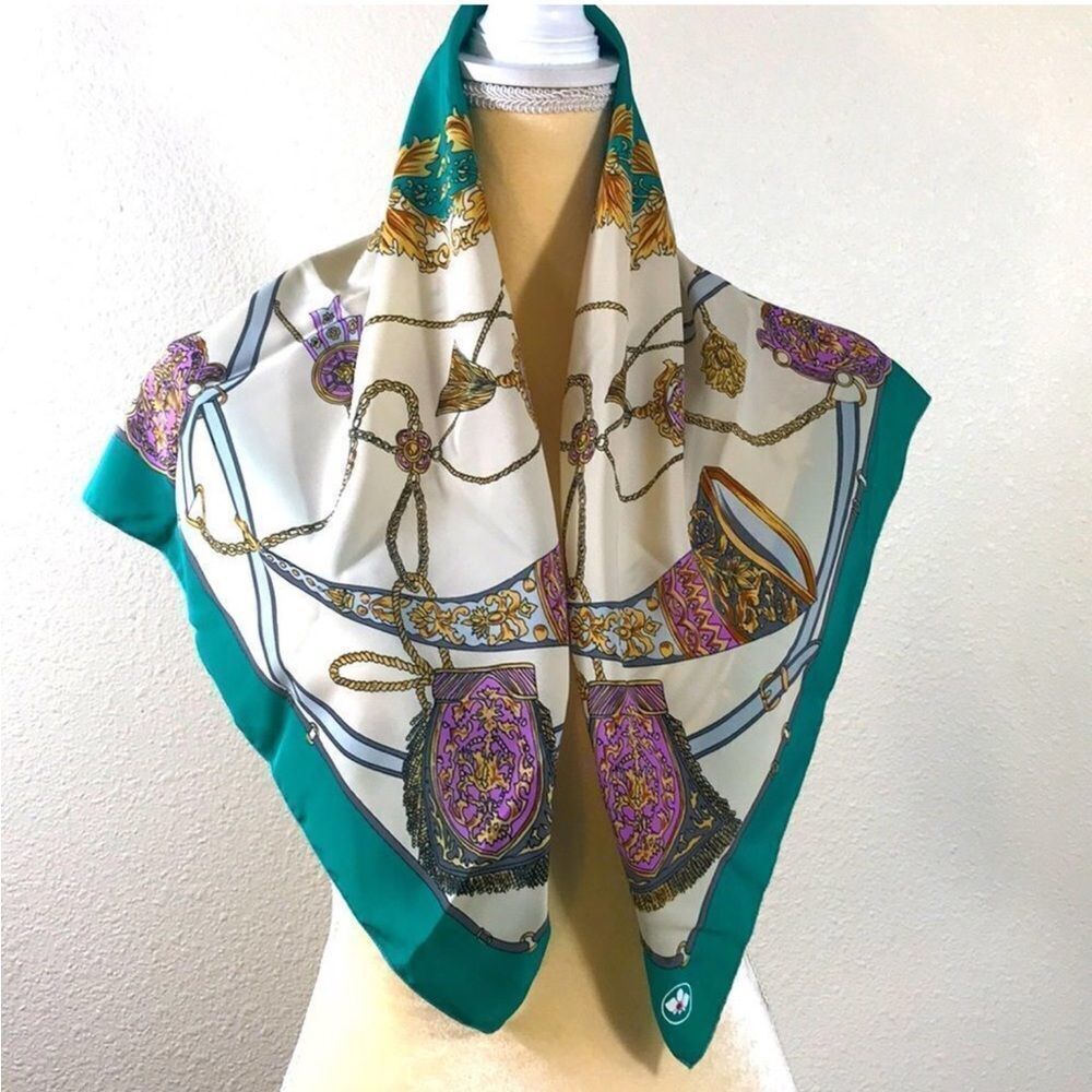 VTG,Ivory Square Scarf with Emerald Border and Purple-Gold Print